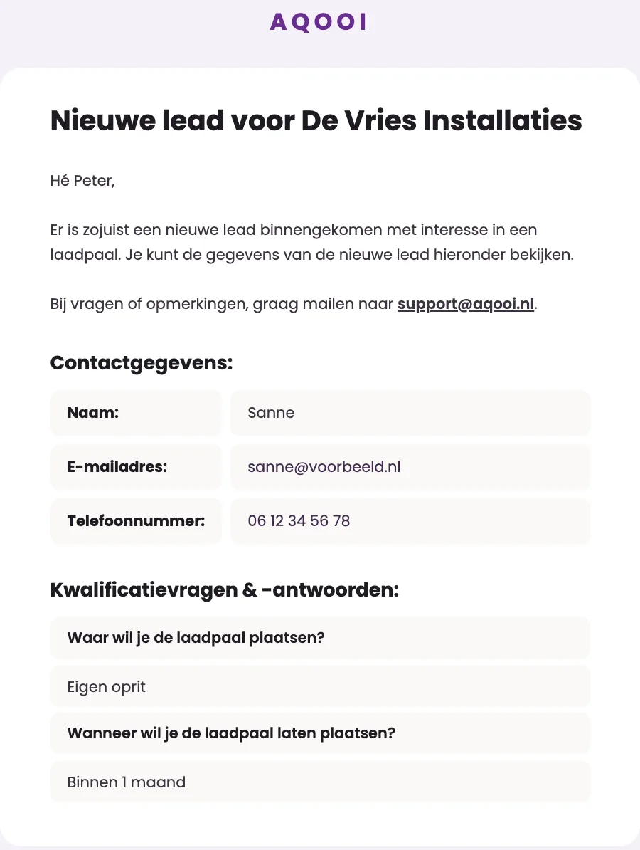 Voorbeeld van de automatische lead-notificatie die de flow binnen enkele minuten naar de klant stuurt: naam, contactgegevens en kwalificatie-antwoorden van een nieuwe lead